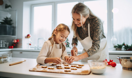 A mother and daughter baking festive christmas cookies together at home during the holidaysの素材