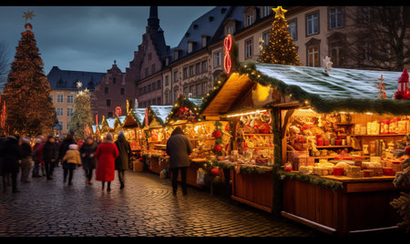 People enjoying a traditional Christmas market with wooden stalls and glowing lightsの素材