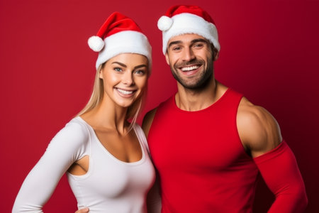 A sporty couple wearing father christmas santa hat. New years resolution. Holiday healthy lifestyleの素材