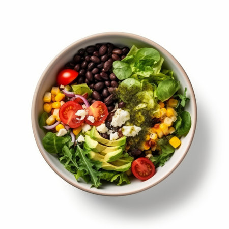 Healthy salad bowl of fresh vegetables, avocado tomato cucumber. overhead view on a plain backgroundの素材