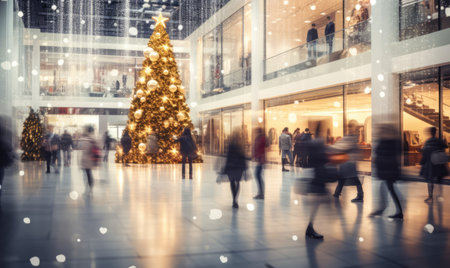 A shopping mall decorated for christmas with a large illuminated Christmas tree and busy shoppersの素材