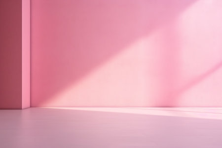 Natural light from a window falling on a pink blank wall. Product display backgroundの素材