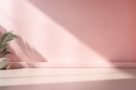 Natural light from a window falling on a pink blank wall. Product display backgroundの素材