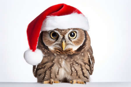 Cute little festive owl wearing a Father Christmas santa hatの素材