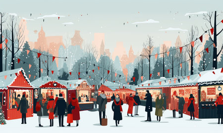 Illustration of people enjoying a festive Christmas marketの素材