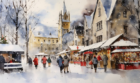 Christmas market vintage watercolor sceneの素材