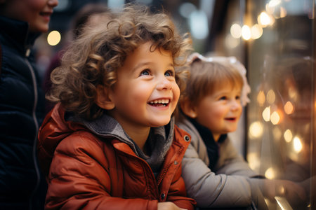 A young excited child looking into the window of a shop decorated for Christmas and the holidaysの素材