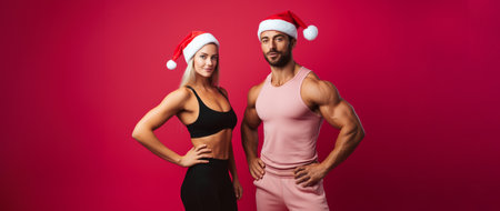 A sporty couple wearing father christmas santa hat. New years resolution. Holiday healthy lifestyleの素材