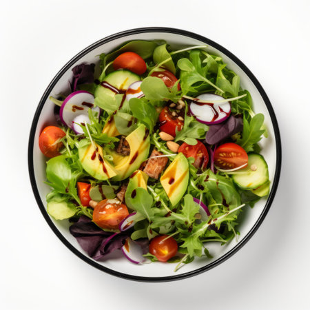 Healthy salad bowl of fresh vegetables, avocado tomato cucumber. overhead view on a plain backgroundの素材