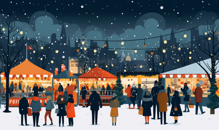 Illustration of people enjoying a festive Christmas marketの素材