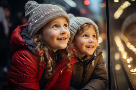 A young excited child looking into the window of a shop decorated for Christmas and the holidaysの素材
