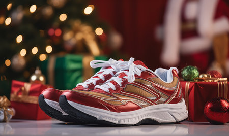 A pair of running shoes with a festive background. New years healthy lifestyle resolutionの素材
