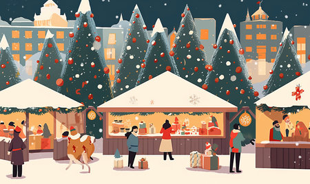 Illustration of people enjoying a festive Christmas marketの素材