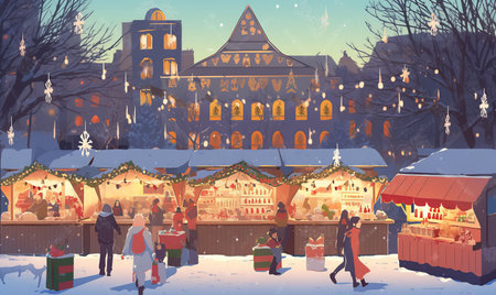 Illustration of people enjoying a festive Christmas marketの素材