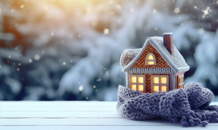 A house wrapped up warm with a knitted scarf. Winter heating and energy conceptの素材