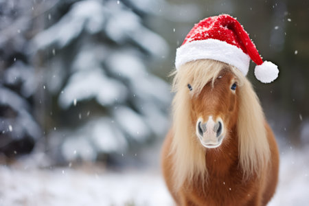 Cute little festive horse wearing a Father Christmas santa hatの素材