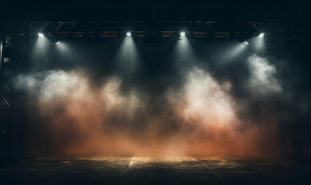 Dramatic concert stage with spotlights and laser lighting show and atmospheric smokeの素材