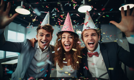 Office party. Co-workers and business team celebrate together. Business success and achievementの素材