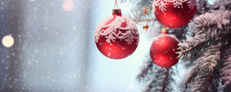 Festive red christmas baubles hanging from a tree with a snowy winter landscape backgroundの素材