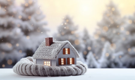 A house wrapped up warm with a knitted scarf. Winter heating and energy conceptの素材