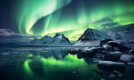Dramatic landscape with beautiful Northern Lights, Aurora borealis light show in the skyの素材