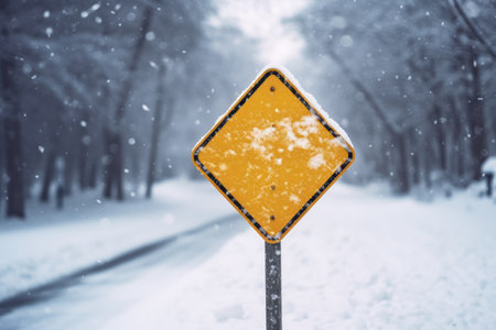 A blank road traffic sign warning of winter driving conditions on a roadの素材