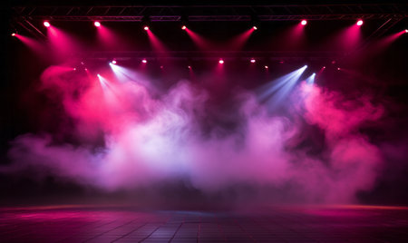 Dramatic concert stage with spotlights and laser lighting show and atmospheric smokeの素材