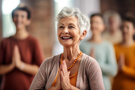 Portrait of a happy senior woman taking park in a yoga or fitness classの素材