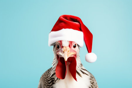 A christmas turkey wearing a festive santa hat. Studio shot against a blue backgroundの素材