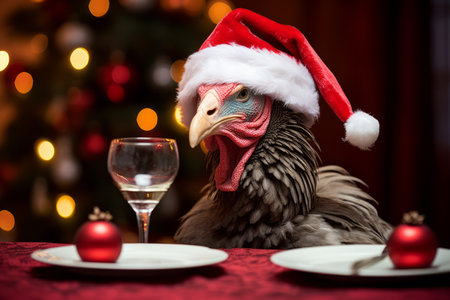 A christmas turkey wearing a santa hat sat at a festive table with an empty plateの素材