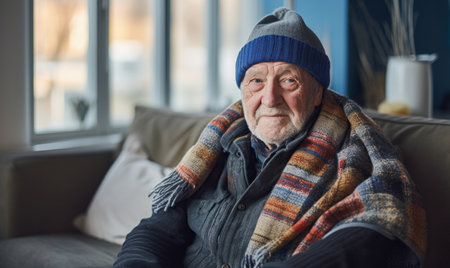 A senior person wrapped up in a scarf and hat during winter. Cost of living Heating gas billの素材