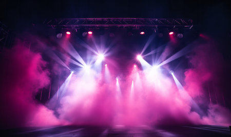 Dramatic concert stage with spotlights and laser lighting show and atmospheric smokeの素材
