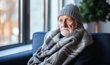 A senior person wrapped up in a scarf and hat during winter. Cost of living Heating gas billの素材