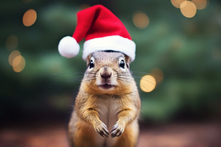 Cute little festive squirrel wearing a Father Christmas santa hatの素材
