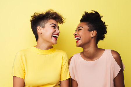 Two friends laughing together against a bright sunny yellow studio backgroundの素材