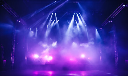 Dramatic concert stage with spotlights and laser lighting show and atmospheric smokeの素材
