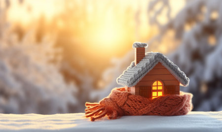 A house wrapped up warm with a knitted scarf. Winter heating and energy conceptの素材