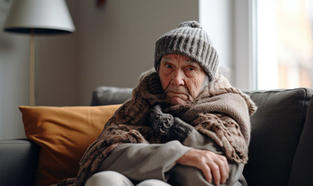 A senior person wrapped up in a scarf and hat during winter. Cost of living Heating gas billの素材