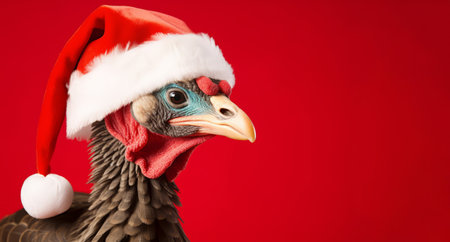 A christmas turkey wearing a festive santa hat. Studio shot against a red backgroundの素材