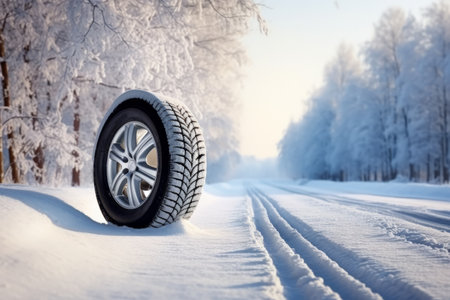 A winter car wheel tire by the side of a snow covered roadの素材