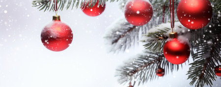 Festive red christmas baubles hanging from a tree with a snowy winter landscape backgroundの素材