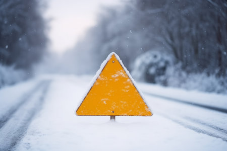 A blank road traffic sign warning of winter driving conditions on a roadの素材