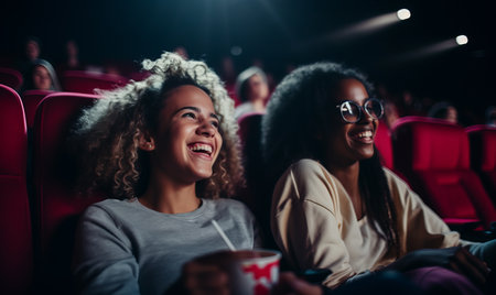 two friends at a cinema watching a film togetherの素材