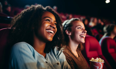 two friends at a cinema watching a film togetherの素材