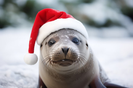 Cute little festive seal wearing a Father Christmas santa hatの素材
