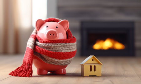 A pink piggy bank money box wrapped up warm with a scarf. Winter heating bills conceptの素材