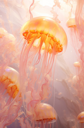 A school of beautiful pink jelly fish swimming underwaterの素材