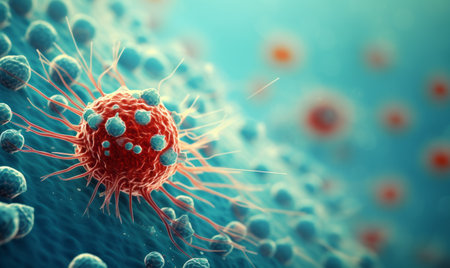 Macro view of a cancerous tumor cell that is attacking the body. Human biology microscope close upの素材