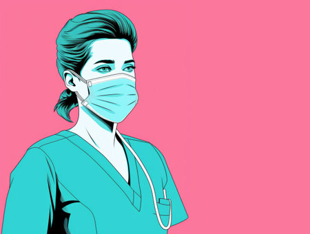 Portrait of a young female doctor or nurse wearing a face mask. cartoon sketch illustrationの素材
