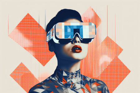 portrait of a woman wearing virtual reality headset with a modern graphic design illustration styleの素材